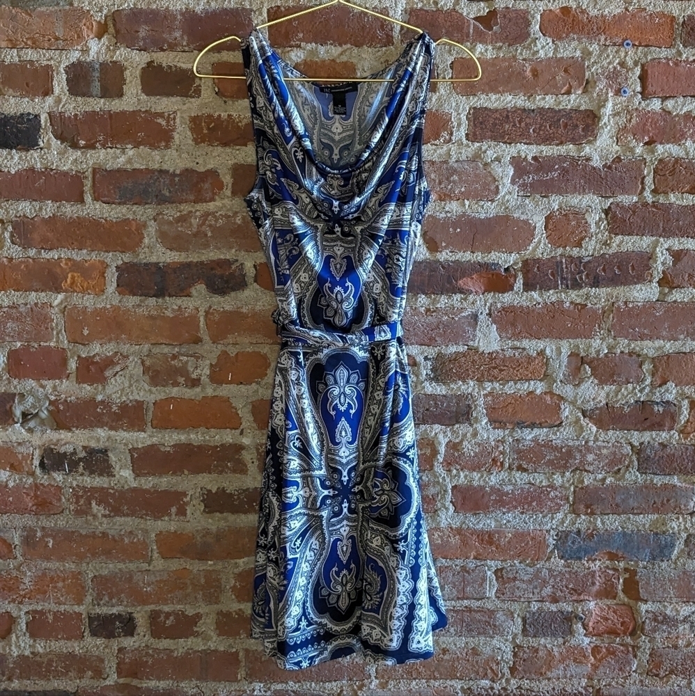 INC International Concepts Medium Blue‎ & Tan Paisley Dress w/ Waist Tie Belt